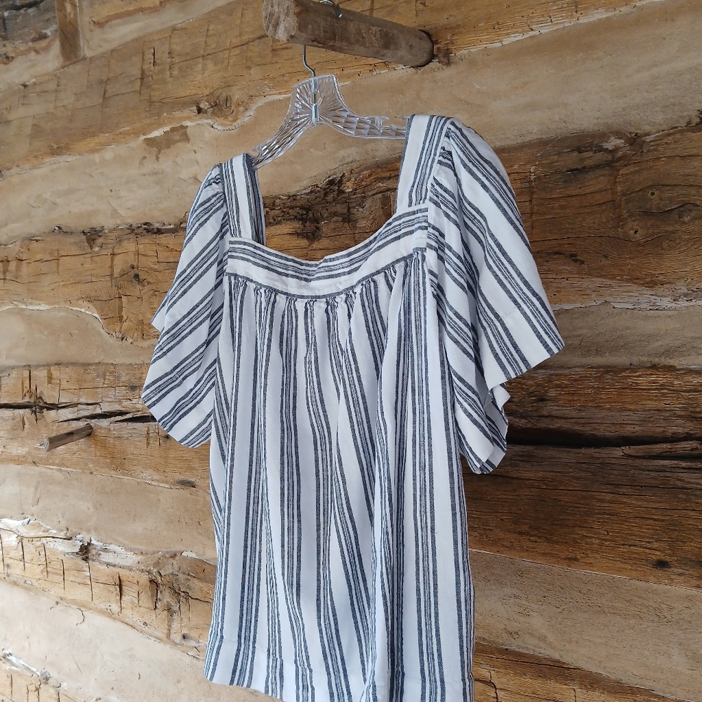 LOFT Black & White Striped Flutter Sleeve Blouse XL - Picture 6 of 8